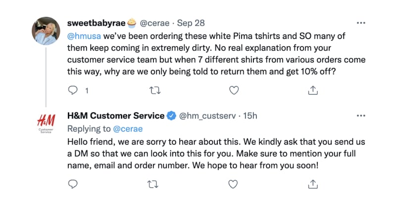 example of H&M customer support on Tiwtter