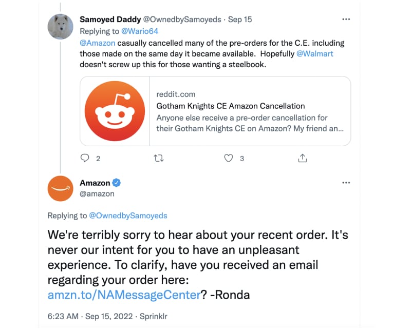 example of amazon reply to negative feedback