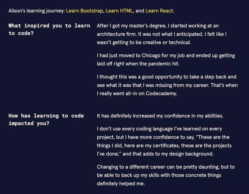 Codecademy interview testimonial