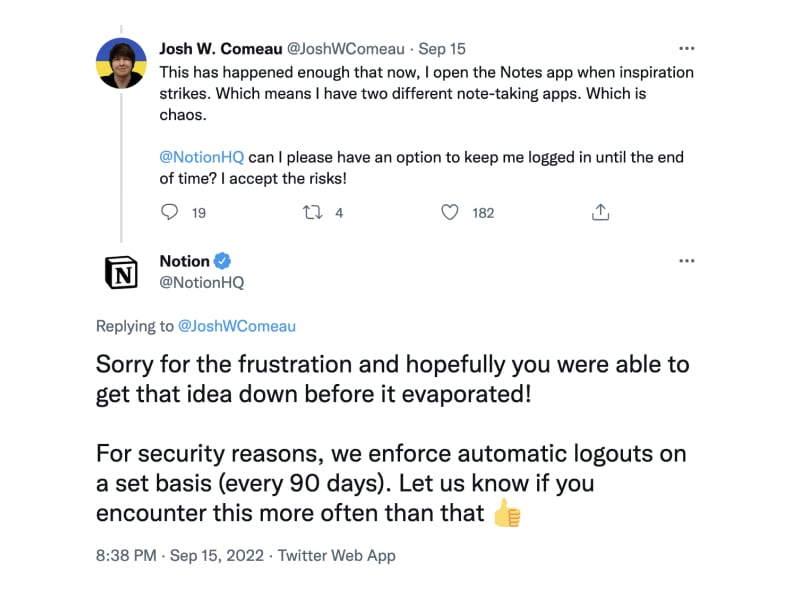 Twitter reply to customer feedback by Notion