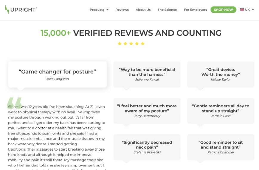 Uright customer testimonials page