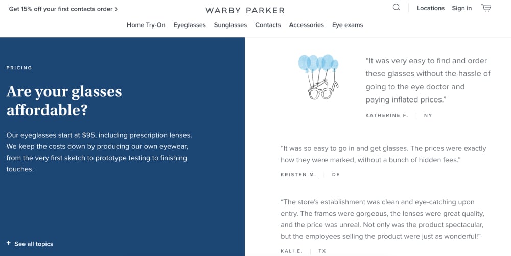 Warby Parker's página de testemunhos