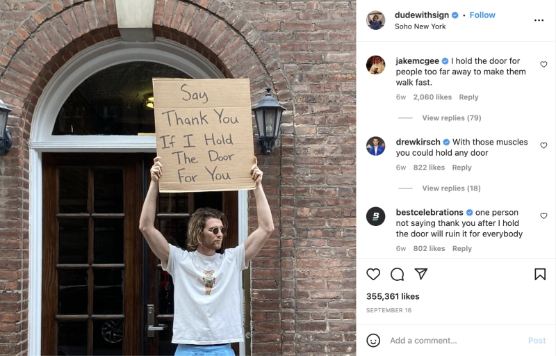 dude with sign Instagram creator