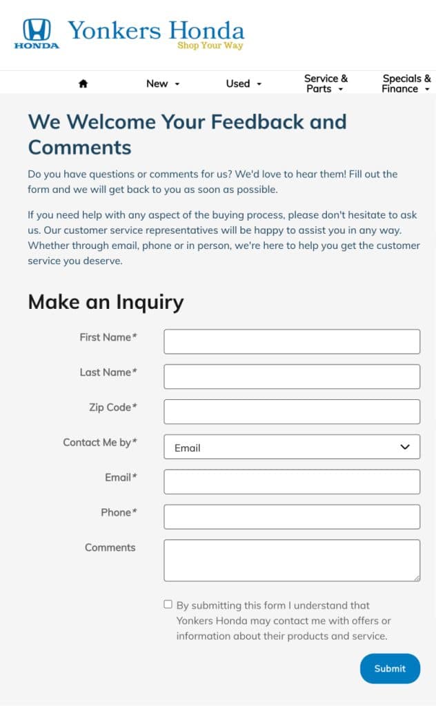 auto dealership contact form