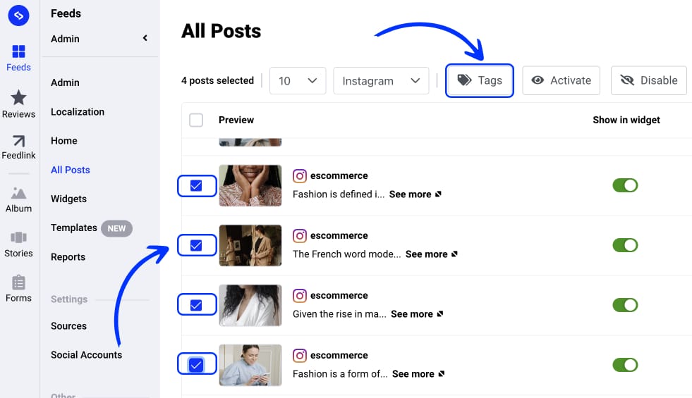 select social media posts to tag in a group