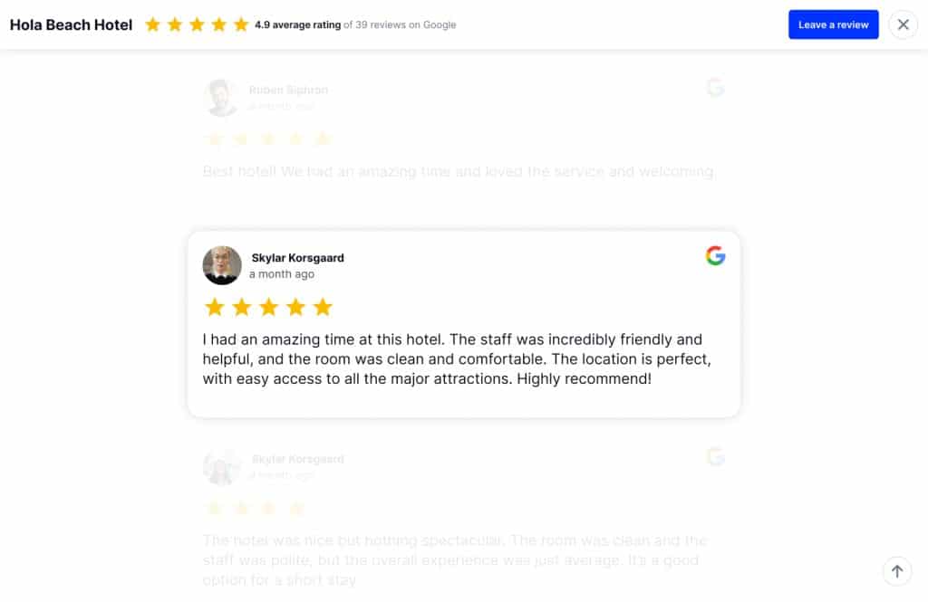 Google reviews widget with lightbox