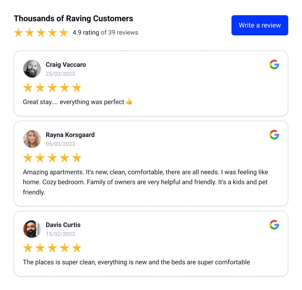 Página de testemunhos com comentários do Google numa coluna