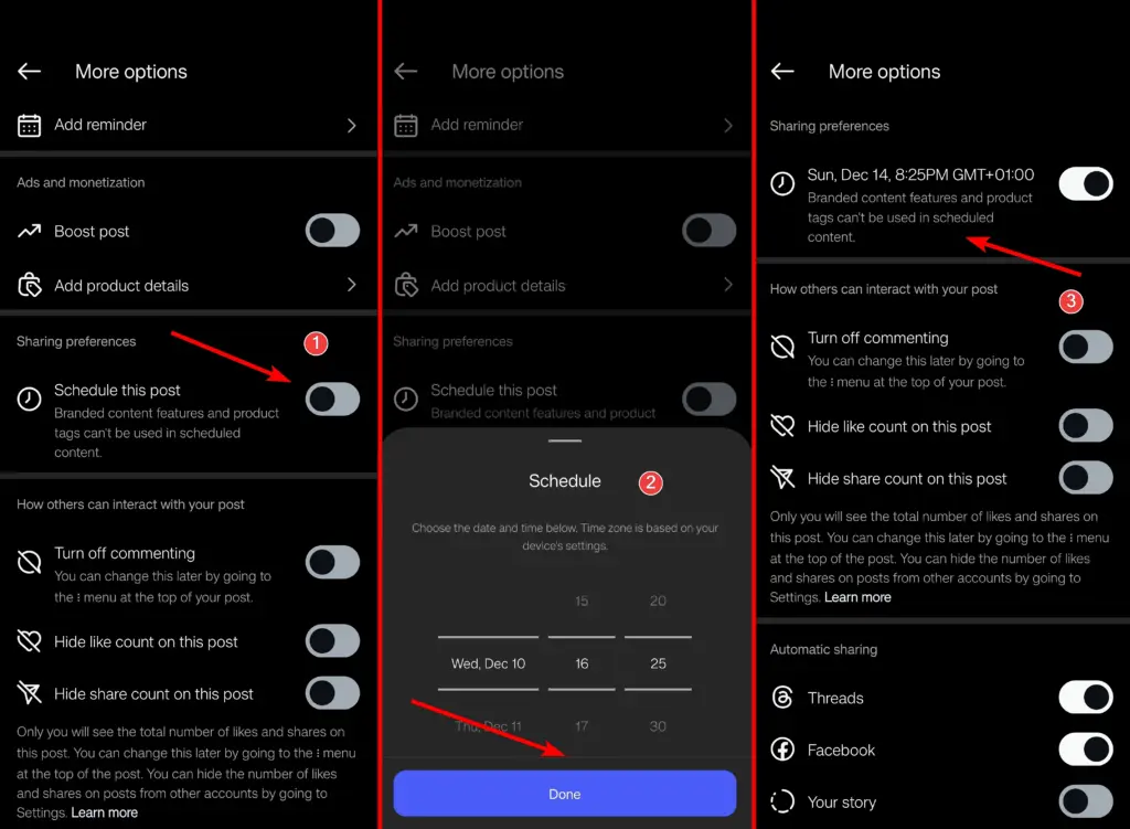 steps to schedule posts via the instagram app