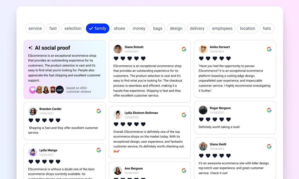 Google reviews widget with search by keyword filter