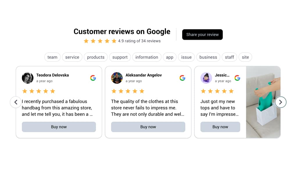 shopapble Google reviews widget with product tags