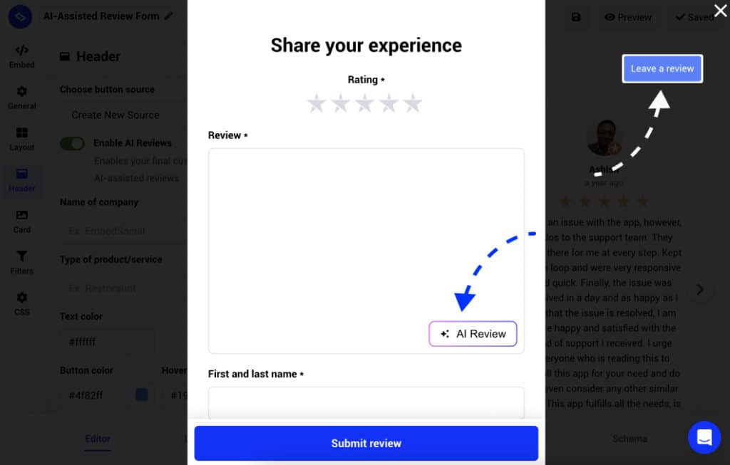 Ai review assistant enabled in a leave a review form
