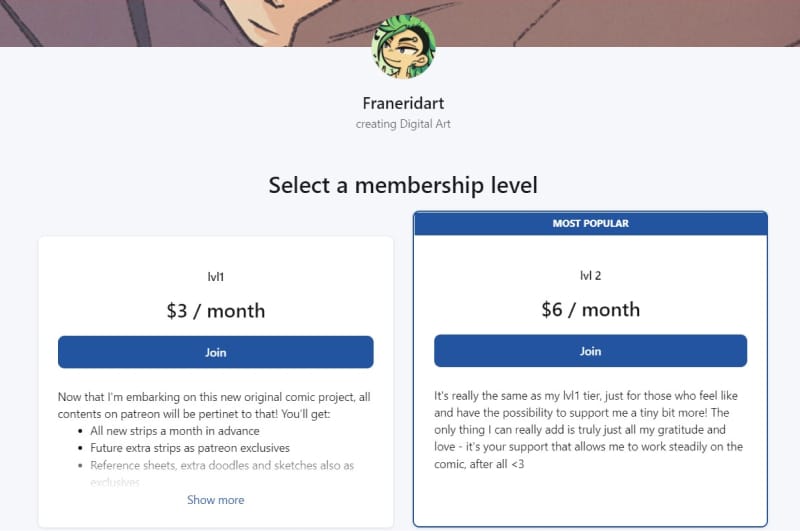 Example of membership subscription for influencers on Patreon.
