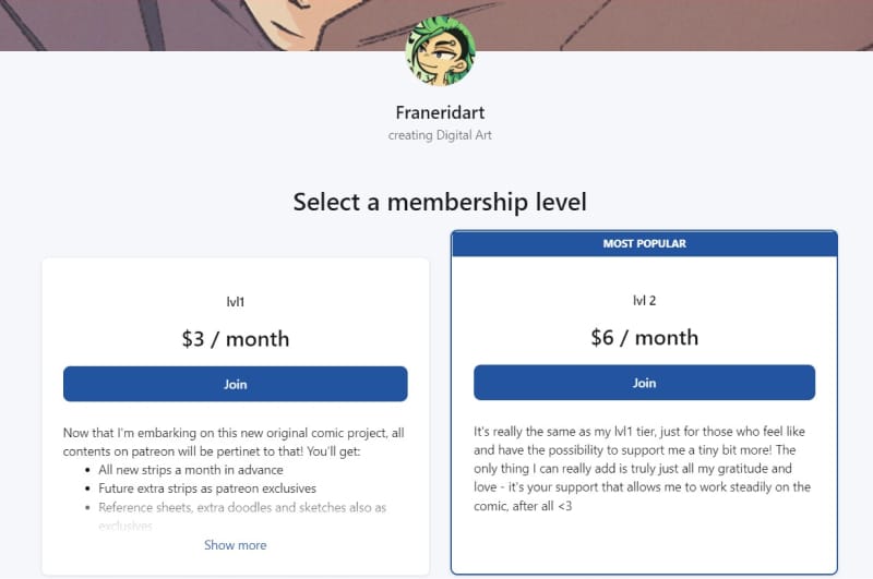 Example of membership subscription for influencers on Patreon. 