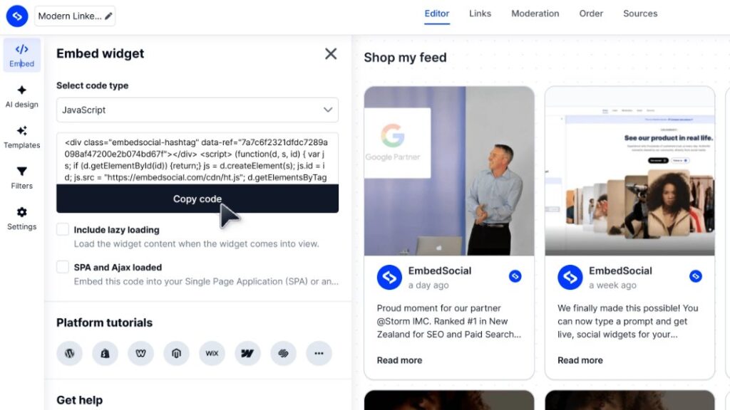 copying the embeddable widget code