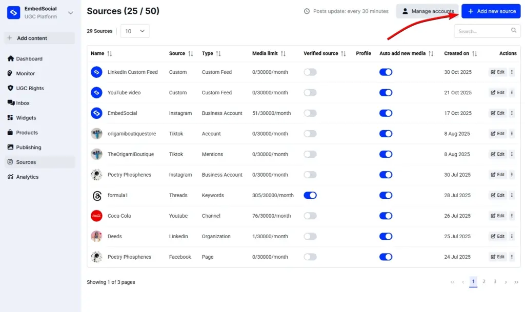adding a new source in embedsocial