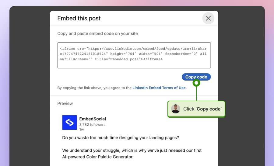 Embed LinkedIn Post step 2 select and copy code