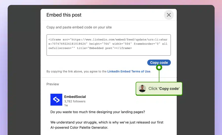 copying the linkedin post embeddable code