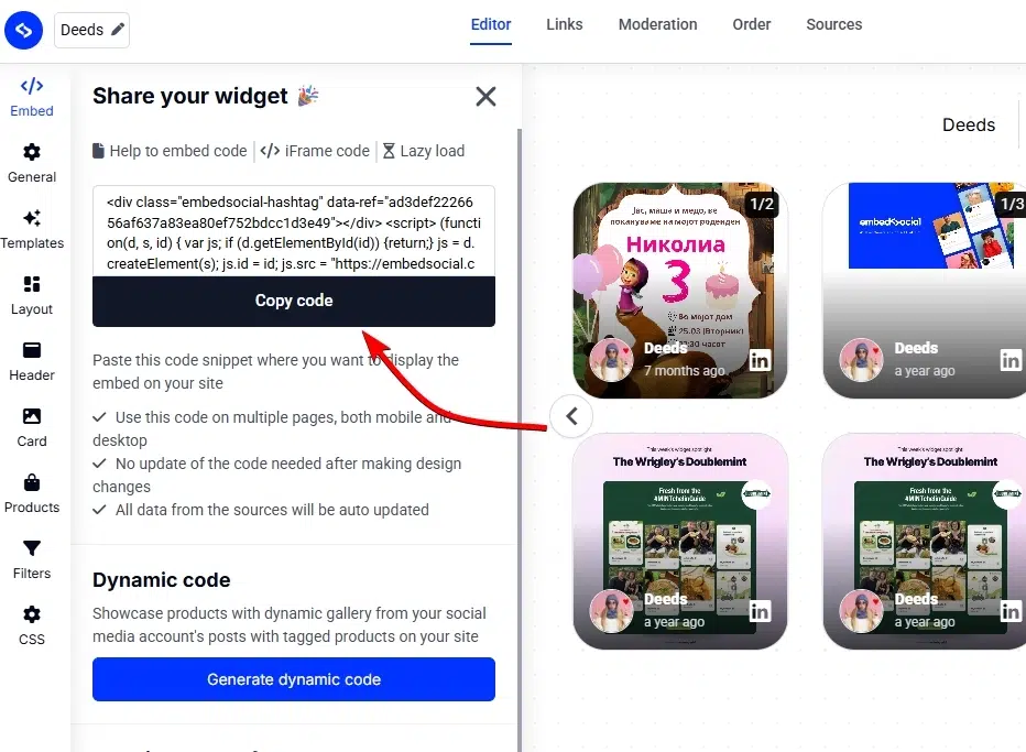 copying the embeddable widget code