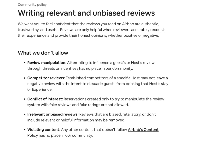 Policy to write reviews on Airbnb