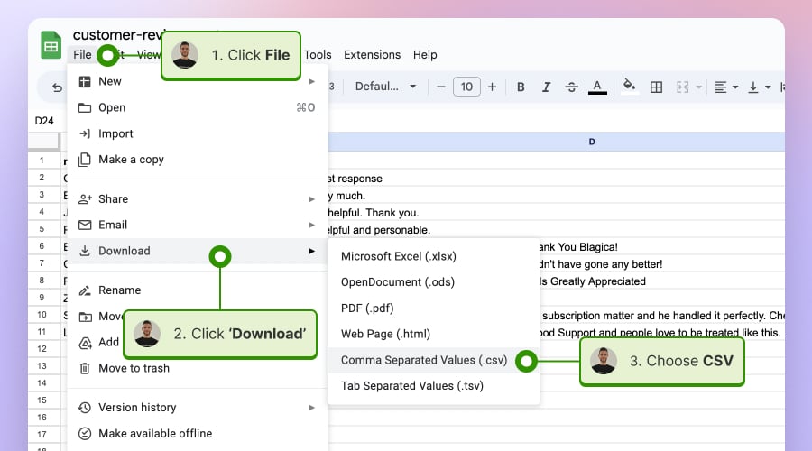 Export the reviews from Google sheets
