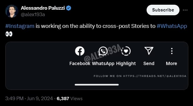 Threads and Instagram option to cross post on WhatsApp