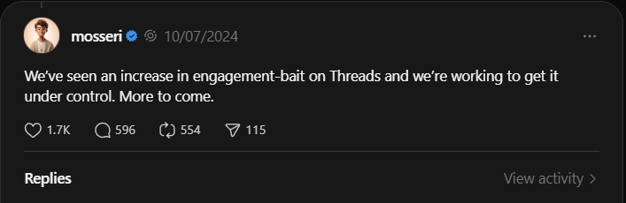 mosseri threads update on engagement-bait farming