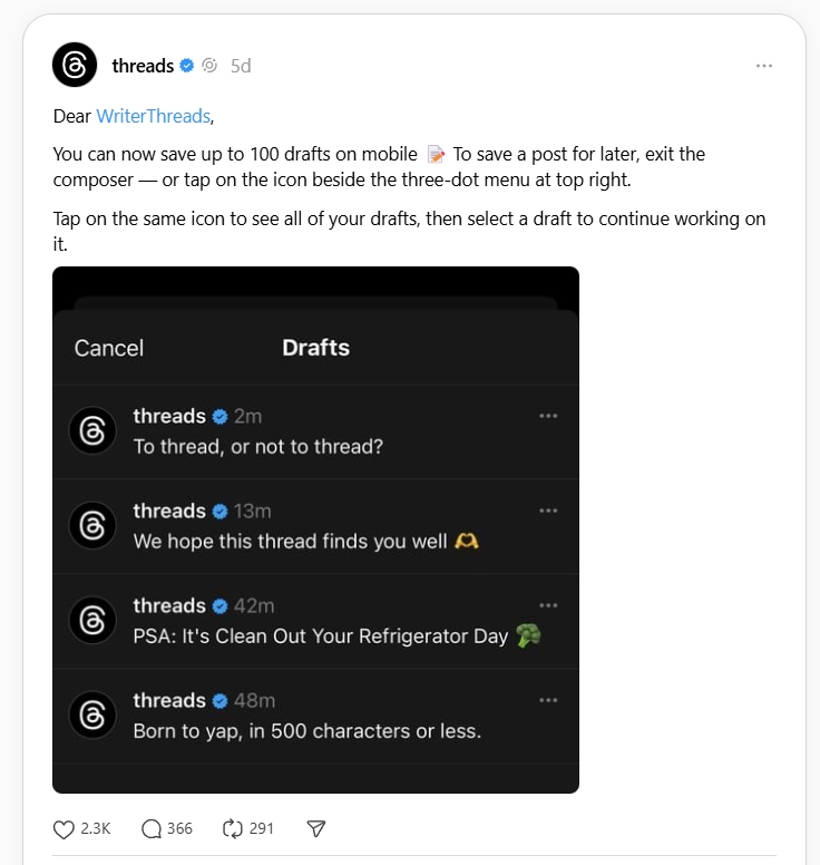 threads drafts update for mobile