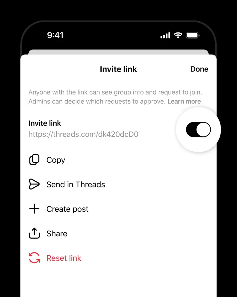 threads group chat invite link update