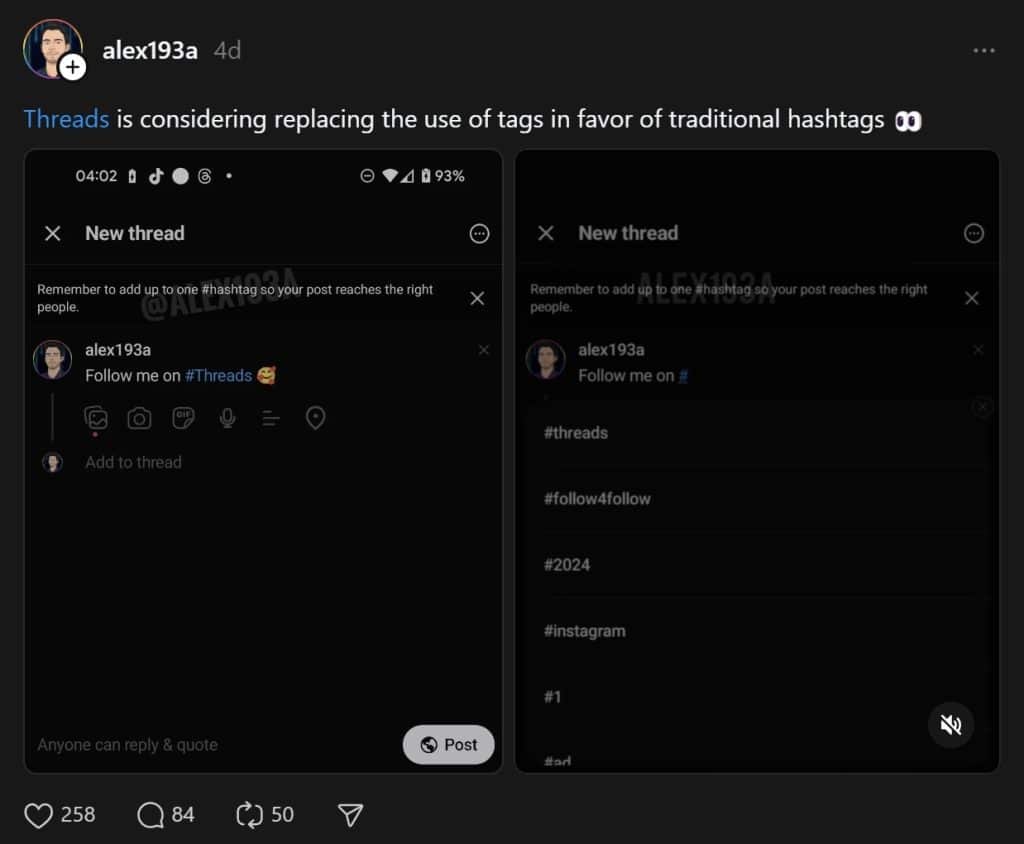 Hashtags changes in Threads