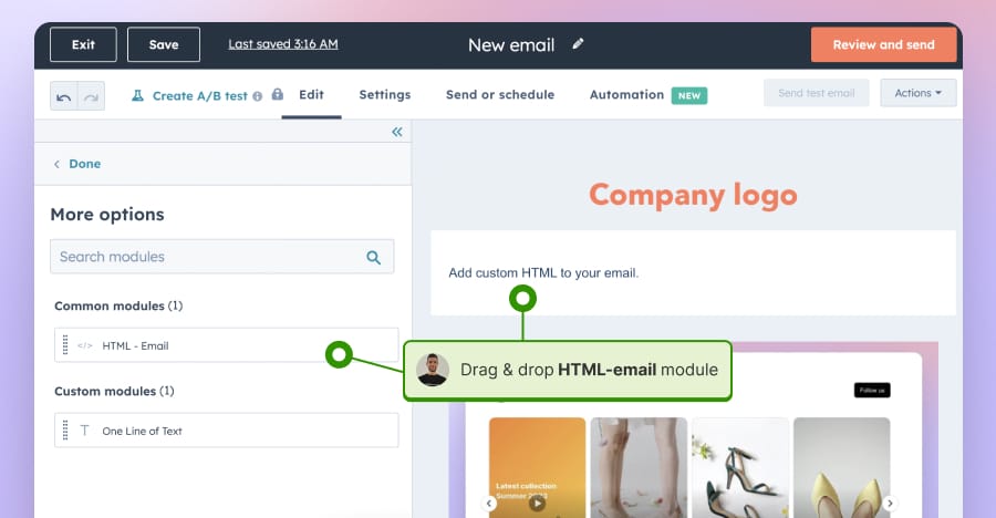 Add HTML block in Hubspot email