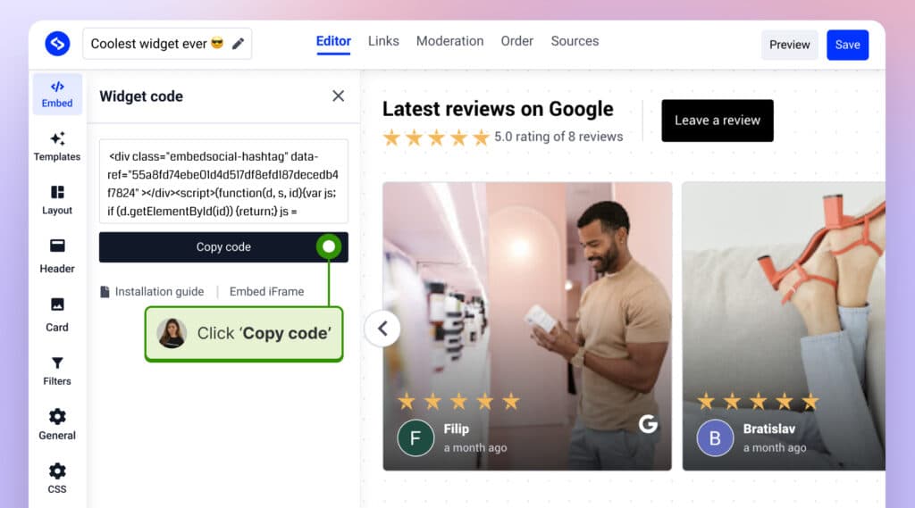 Embed code for Google reviews photo widget