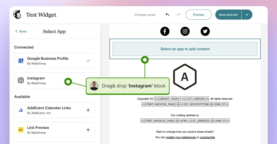 Add Instagram block in Mailchimp email