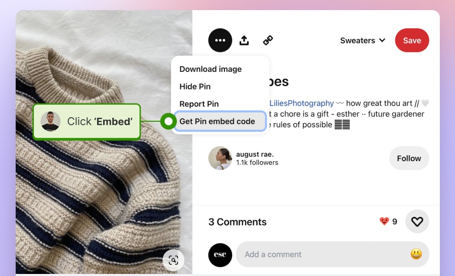 Get a Pinterest pin embed code
