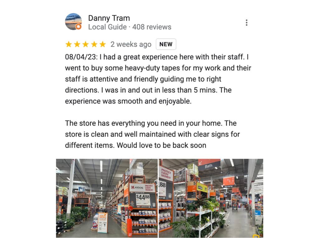 Positive Google reviews for Home Depot