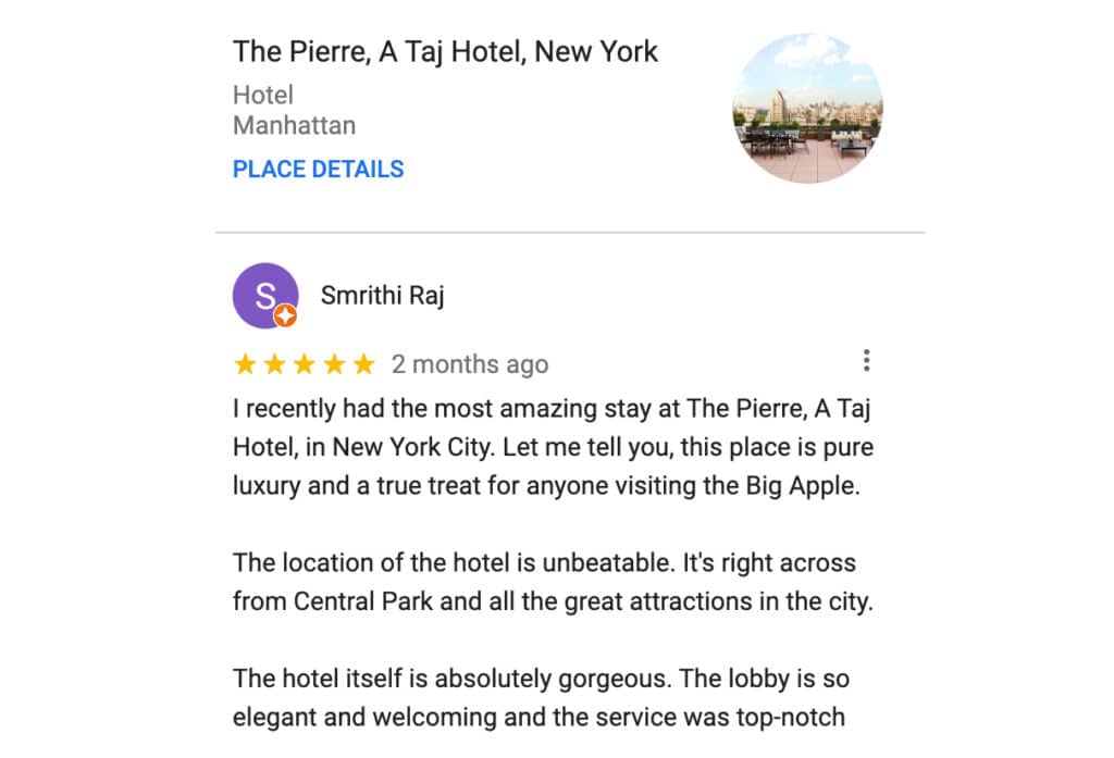 5 star google review example - hotel