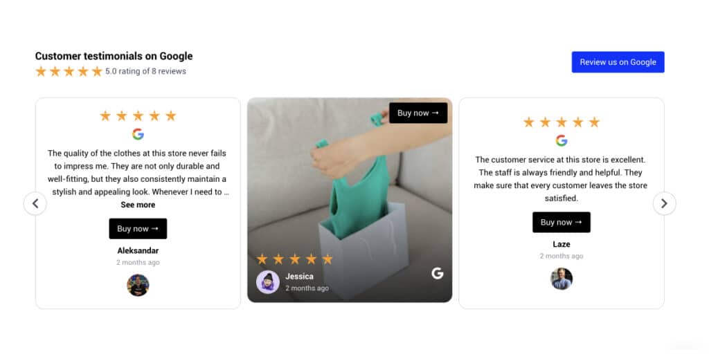 Google reviews widget with buy buttons