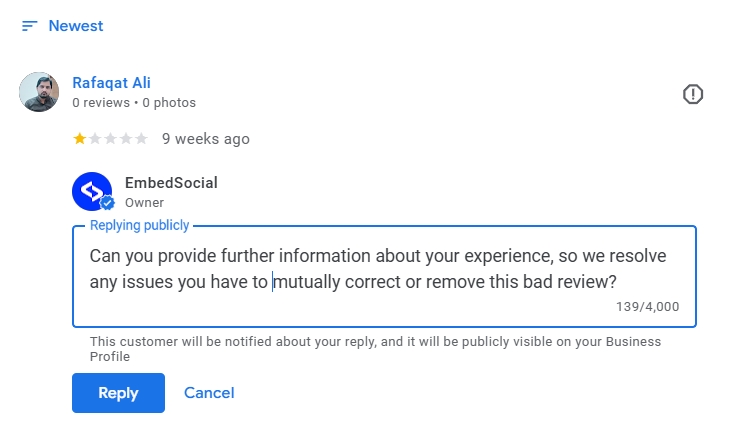 replying to a bad review on google