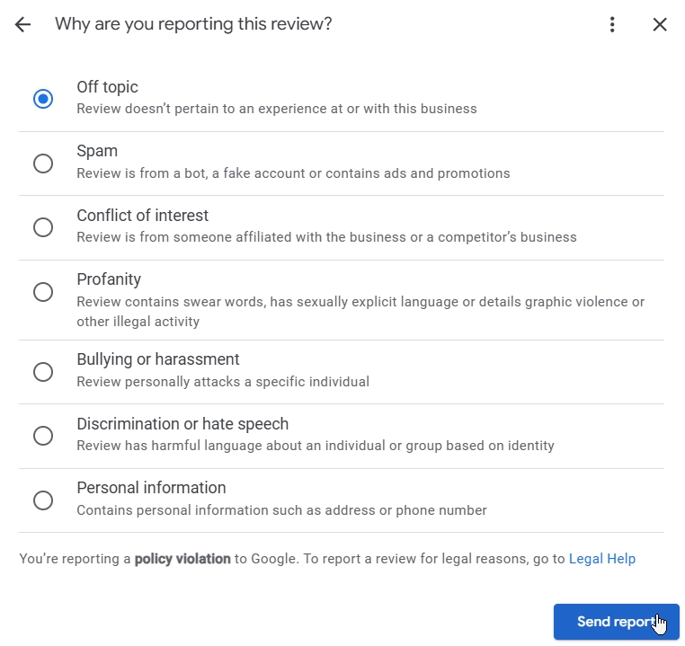 reporting a google review via google business profile dashboard