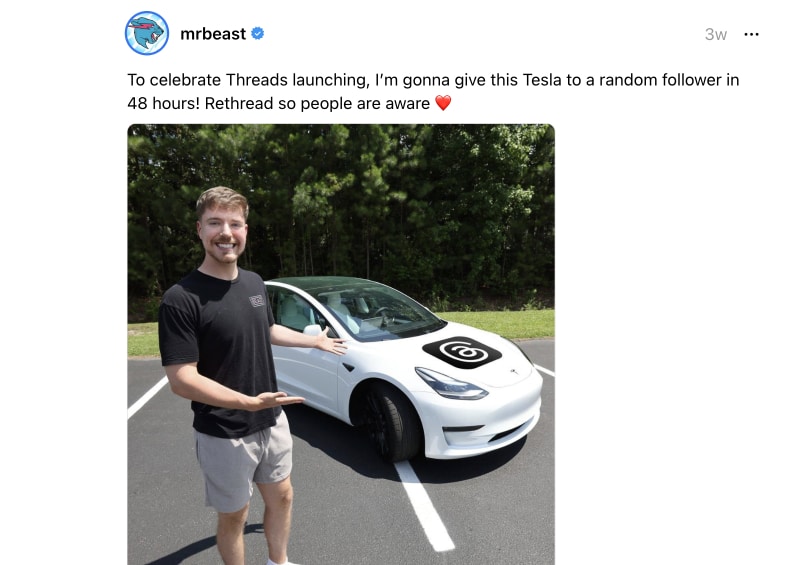 Mr.Beast Tesla giveaway on Threads