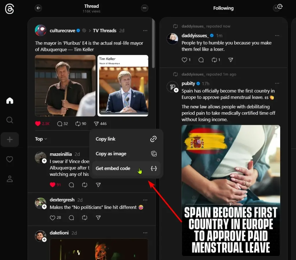 copying a threads post embed code