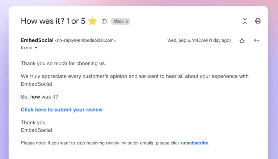 Email example to collect reviews