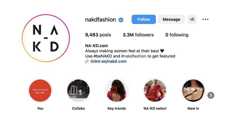 NA-KD social media bio example with branded hashtags