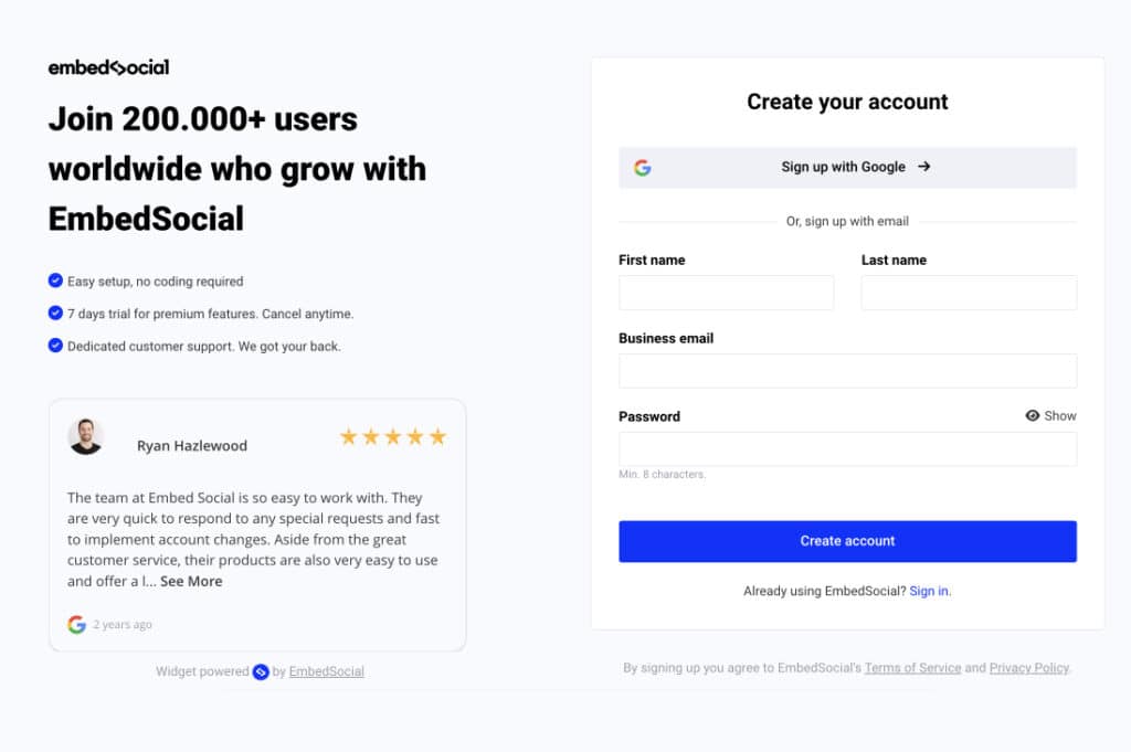 Example of SaaS testimonials on signup page