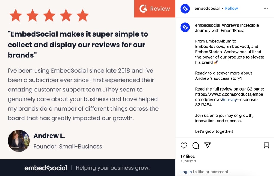 Example of customer testimonial on social media