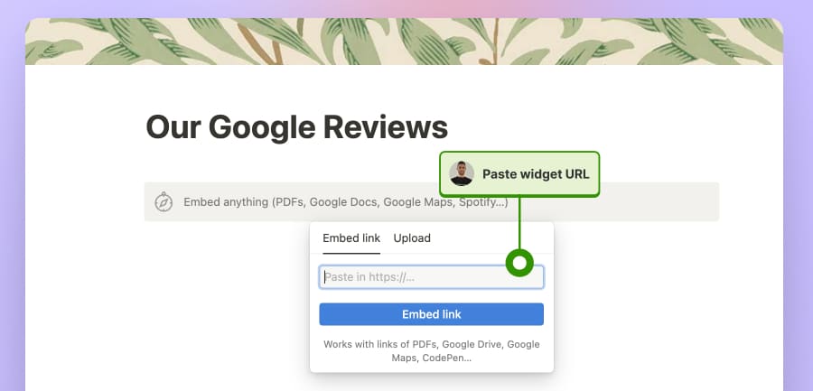 embed Google reviews in Notion embed link