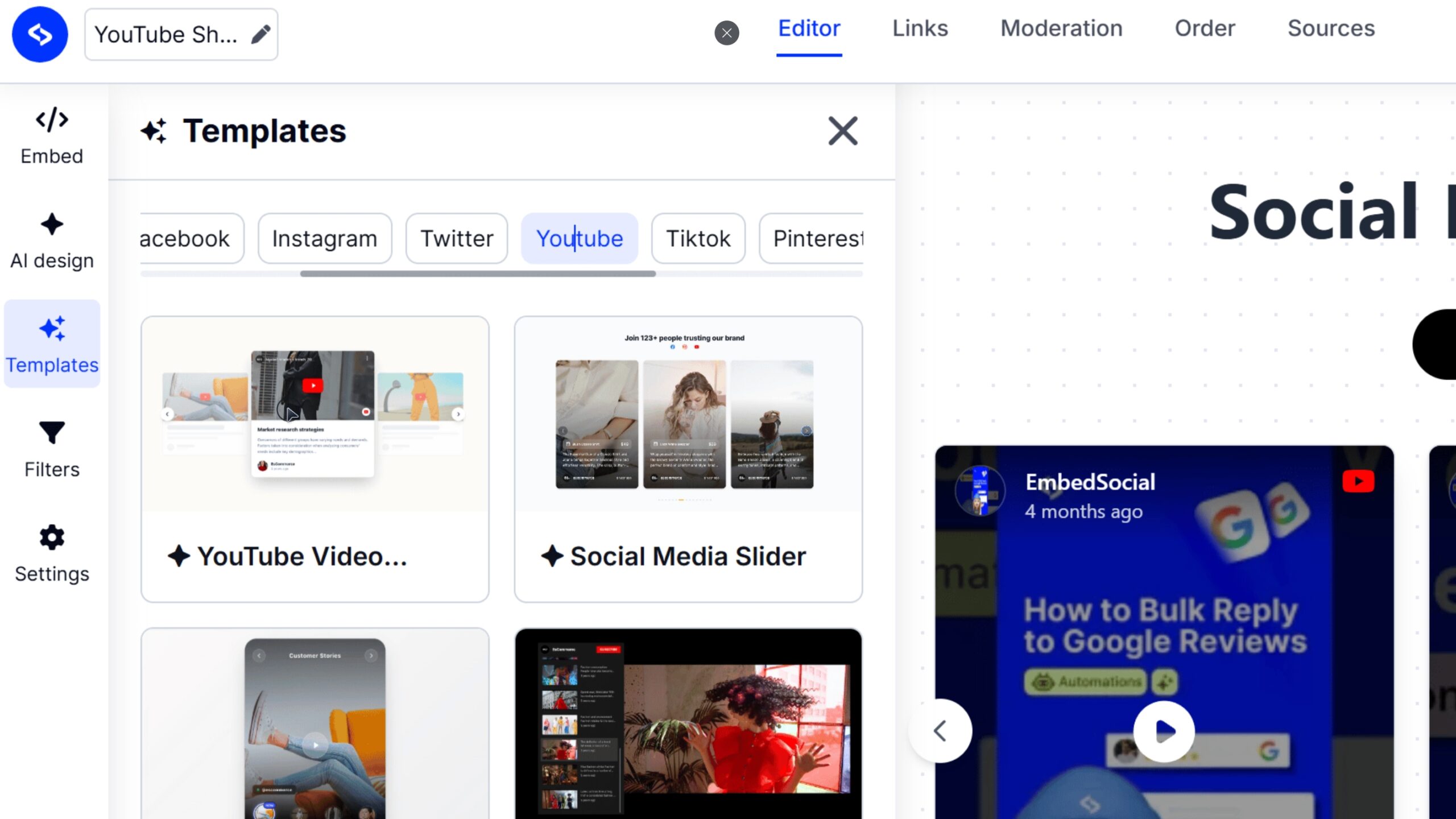 selecting youtube widget template