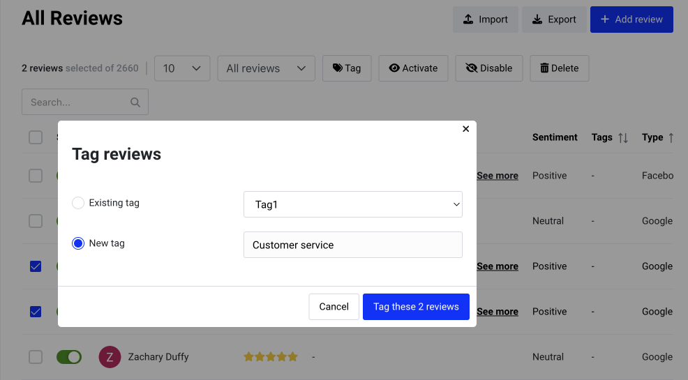 Tag customer reviews that mention service and embed widget