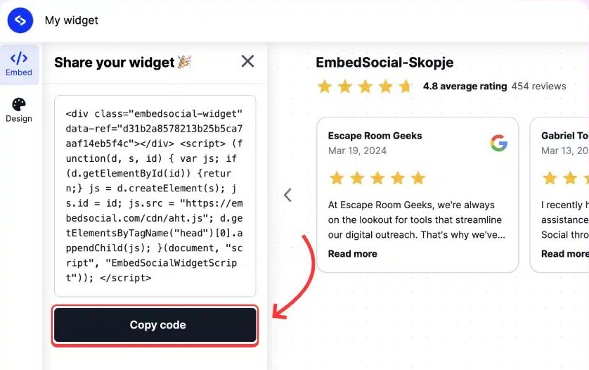 copying your free google reviews widget code in embedsocial