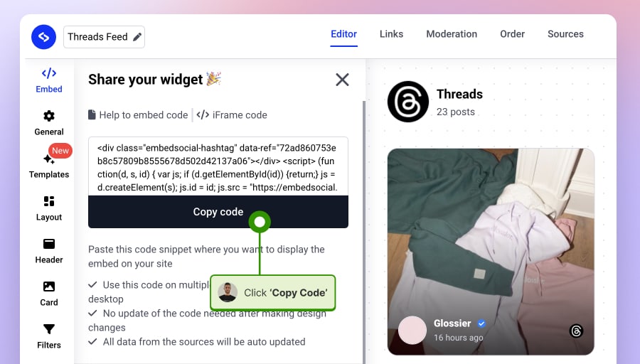 Copy code for Threads widget