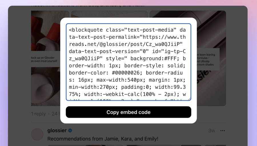 Copy code to embed Threads
